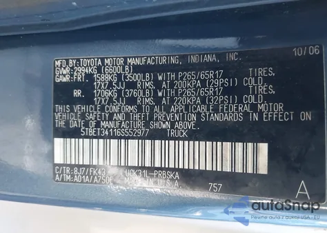 2006 Toyota Tundra Sr5 V8 z USA, uszkodzony, nr VIN 5TBET34116S552977